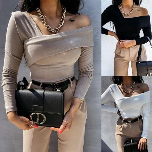 Simplee Casual One Shoulder Women Top Winter Long Sleeve T-shirt Female Tops Sexy Asymmetric Slim Solid Ladies Tops Shirts 2021