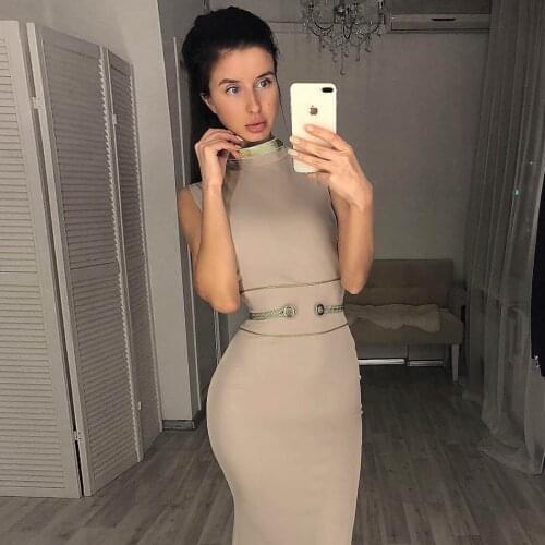 Attractive Metallic Sleeveless Gold Striped Bandage Dress Women Mock Neck Button Embellished Cord At Waist Mini Bodycon Dress