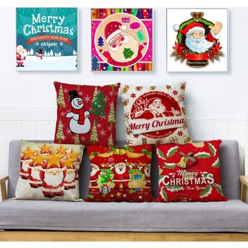 Merry Christmas Pillow Cover 45*45cm Cushion Cover Santa Claus Print Linen Throw Pillows Cases Sofa Home Decor Cushion Covers