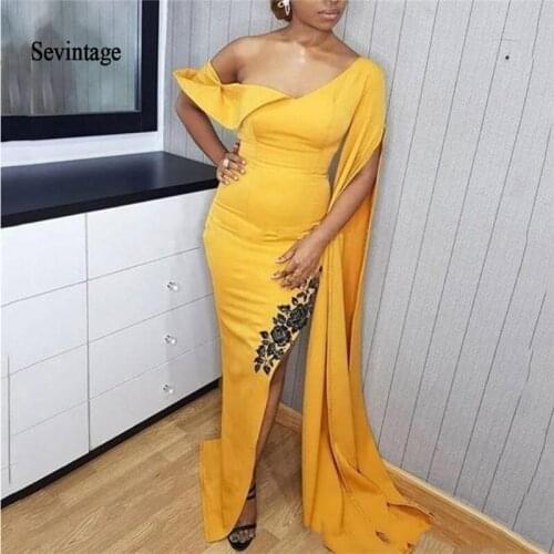 Sevintage 2020 Yellow Sexy African Mermaid Prom Dresses One Shoulder Side Split Evening Gown Lace Appliques Red Carpet Dress