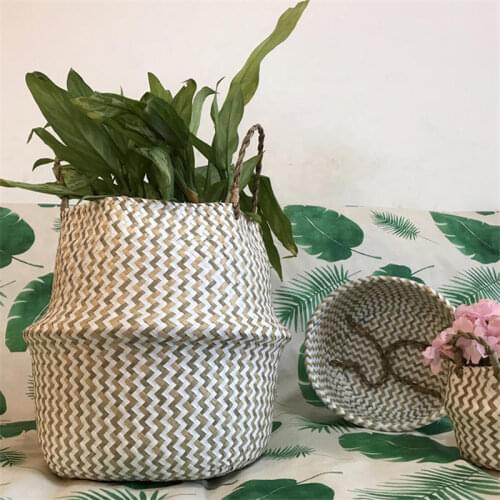 Foldable Handmade Seagrass Storage Basket Wicker Rattan Belly Straw Home Garden Flower Pot Wave Pattern Planter Laundry Basket