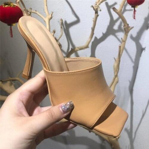 Quilted Leather Women Slippers Summer Squared Toe Mules 12 Colors High Heels Sandals Female Casual Party Shoes