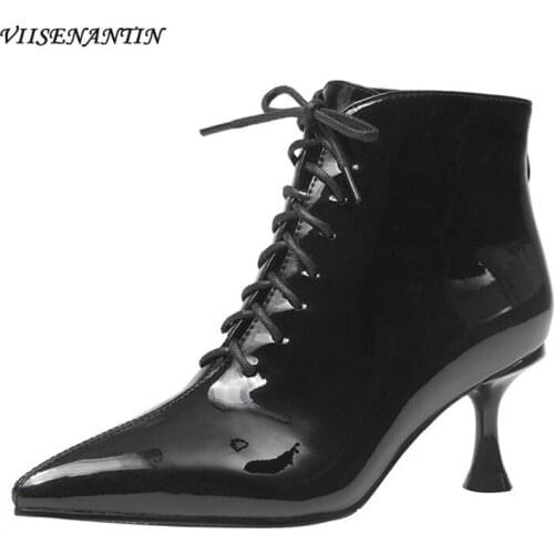 Temperament Beige Patent Leather Women New Pointed Toe High Heels Stiletto pumps Strap Bright Leather Nude Boots Zip Lace Shoes