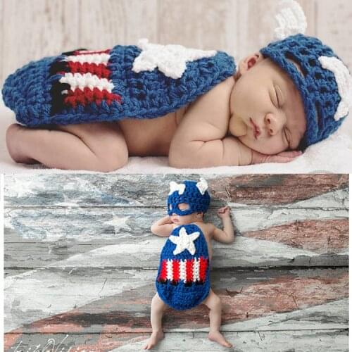 Latest Crochet Baby Hats Captain America Costume Knitted Newborn Photography Props Infant Christmas Halloween Dress Up Outfits