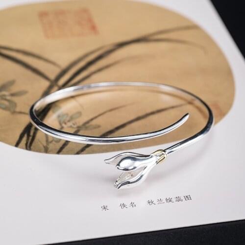 VLA 925 Silver Classic Beautiful Flower Ornament Lily Bracelet Womens Adjustable Size Ethnic Style Creative Hand Ornament