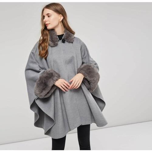 Nice Quality Lady Faux Fox Hair Collor Woolen Cape Stylish England Style Batwing Sleeve Cloak Winter Bat Coats Trendy Tops