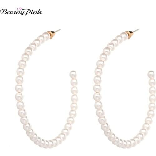 Banny Pink Chunky Round Letter C Studs Earrings For Women Romantic Imitation Pearl Statement Post Earrings Big Pendant Earrings