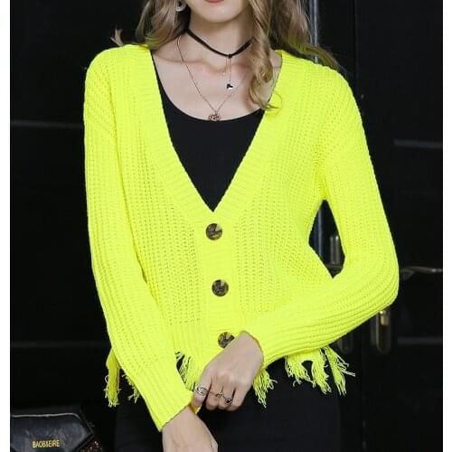 Womens Neon Cardigans Autumn Winter Female V-neck Single Breasted Knitted Shirt Ladies Fashion Fluorescent Sweaters