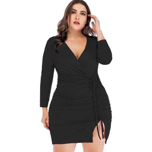 Sexy Elegant Red Color Bodycon Women Autumn V-Neck Long Sleeve Cinched Slit Surplice Ladies Party Dress Plus Size 5XL
