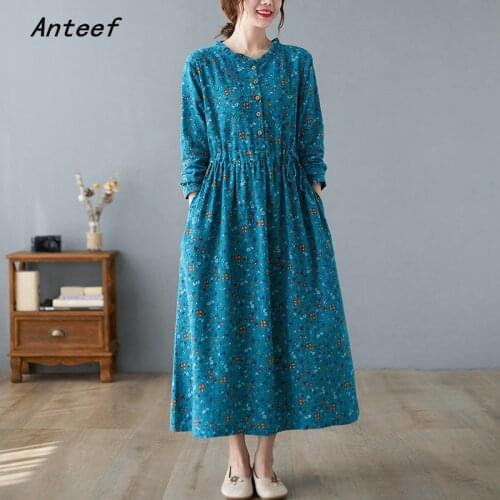 Long sleeve plus size cotton linen vintage floral dresses for women casual loose spring autumn dress elegant clothing 2021