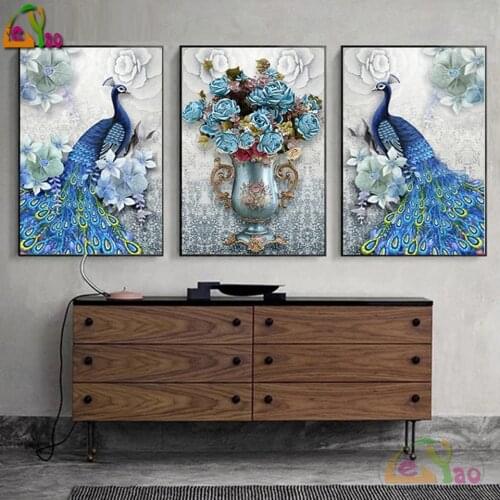 3 Pcs 5D DIY Diamond Painting Blue Peacock-Vase Embroidery Landscape Full Square/Round Drill Diamond Mosaic Wall Art Decor Gift