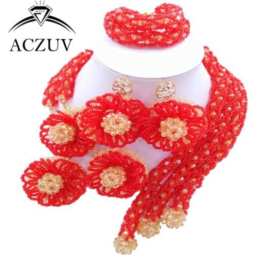 ACZUV Latest African Necklace Beads Set For Wedding Gold AB and Red Crystal Nigerian Jewelry Sets C3F014