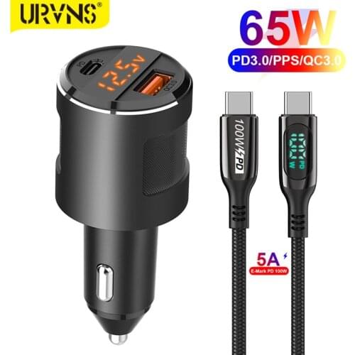 65W Fast USB Car Charger, PD3.0 & QC3.0 Dual Port Car Adapter with LED Display for USB-C Laptop, Macbook, iPhone 12, Galaxy S20