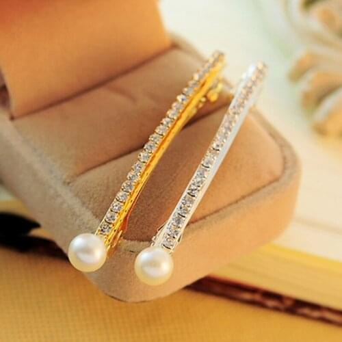 White Simulated Pearl On Top Single Row Full Shiny Crystal Golden Silver Plated Hair Pins and Clips New Hair Jewelry for Women
