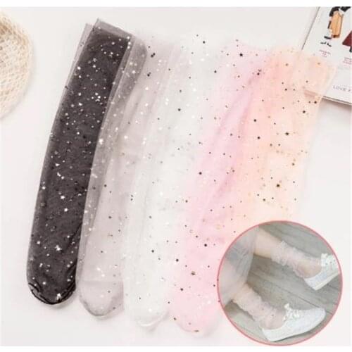 Shiny Stars Mesh Fishnet Socks Women Mixed Fiber Transparent Stretch Elasticity Ankle Socks Thin Tulle Women Cool Socks Spring