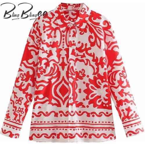 BlingBlingee Summer Fashion Printed Casual Loose Shirts Drop Shoulder Sleeves Turn Down Collar Female Long Shirt Women Red Tops