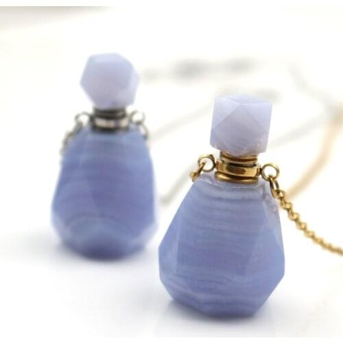 1PC Blue Lace Agates bottle Gems stone Perfume Bottle Faceted Essential Oil Meditation Jewelry stainless steel vial Pendant