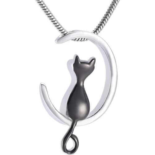 Stainless Steel Cat Cremation Urn Necklace,Black Kitty on Moon Cremation Jewelry Pet Memorial