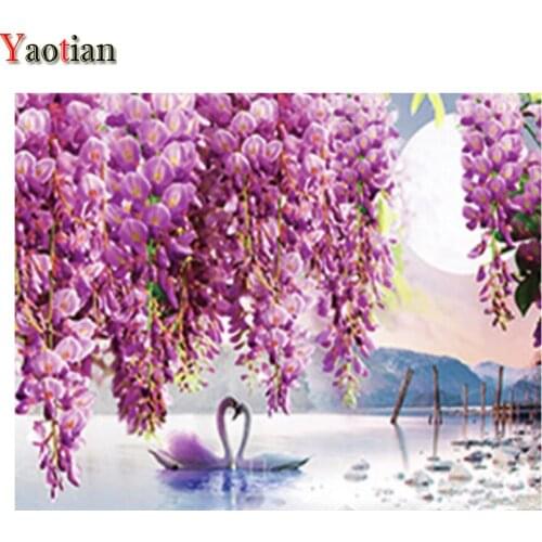Full Drill Square 5D Diamond Painting Swan Purple Flower Diamond Mosaic Embroidery Lake Scenery Handmade Gift Decor Stickers