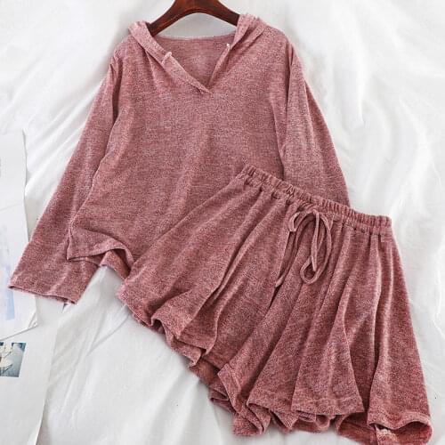 Casual Loose Women Two Pieces Set Long Sleeve V Neck Tshirt High Elastic Waist Short Tracksuit Female Sport Suit Solid 2020