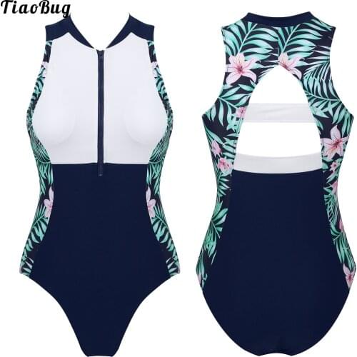 Summer Women Athletic Beachwear Zip Front UV Protection Sleeveless Printed Color Block One Piece Swimsuit Swimwear