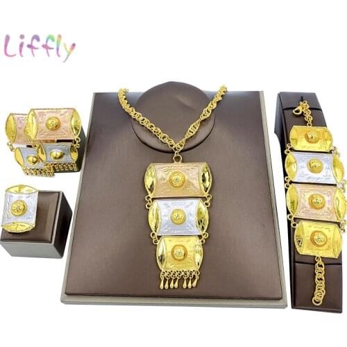 Liffly Nigeria Wedding Fashion Jewelry Sets Big Necklace Bracelet Earrings Ring Luxury Jewelry Dubai Party Gift