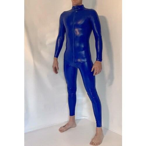 Handmade Customize Blue Mens Latex Catsuit Rubber Zentai Fetish Bodysuits with Front Three Way Crotch Zipper