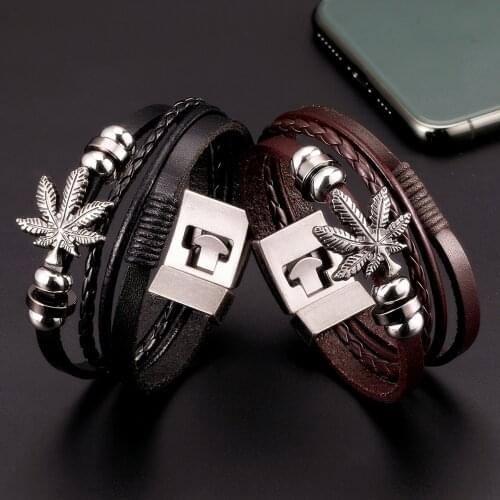 Punk Indian Maple leaf Anchor Bracelets Men Skull Multi-layer Leather Wrap Bracelet homme Pulseira Masculina Charm Cuff Bangles