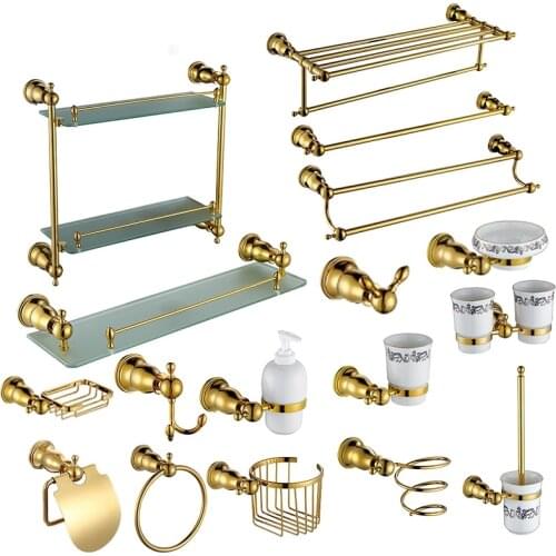 Luxury gold Brass Copper High quality 17PCS/Set golden bathroom ware Bathroom hardware accessories Set