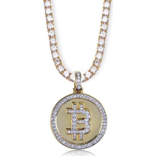 Hip Hop Pendants Necklaces Gold Color Plated Iced Out Micro Pave CZ Stones Round Bitcoin Pendant Necklace Gifts Men Tennis chain