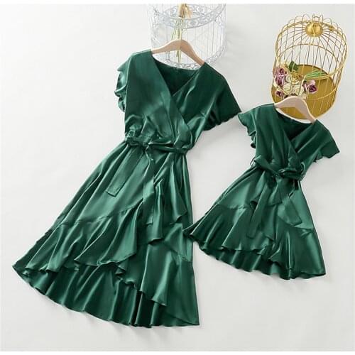 PopReal Mom And Daughter Dress Elegant Family Matching Clothes Girl Kids Dress Mother And Daughter Outfits Satin Ruffle