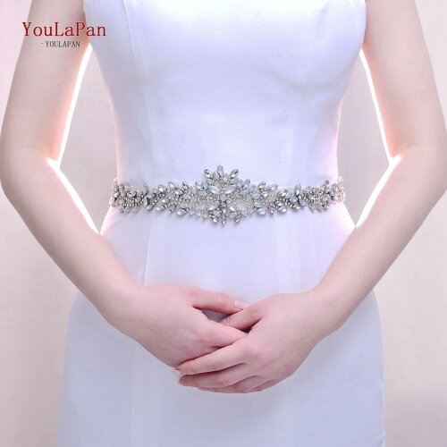 YouLaPan S11A Wedding Dress Sash Belt Silver Flower Wedding Belt for Dress Thin Rhinestone Belt Diamond Wedding Bridesmaid Belt