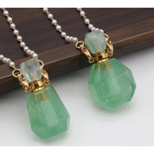 Natural Stone Essential Oil Diffuser Perfume Bottle Plus Two Glass Pearl Chain Green Aventurine Pendant Necklace Jewelry Making