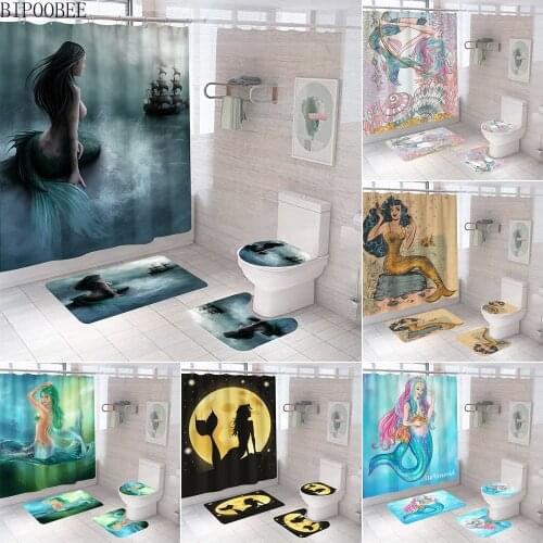Sexy Mermaid Print Shower Curtains High Quality Bathroom Curtain Set Anti-slip Bath Rug Mat Soft Carpet Toilet Lid Cover