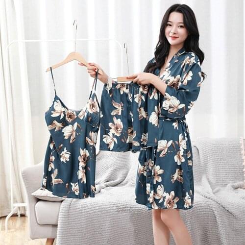 Fdfklak Silk Women Pajamas 5 Pcs Set Blue Floral Sexy Pijama Spring Summer Robe Sleepwear Lingerie Pyjamas Home Wear