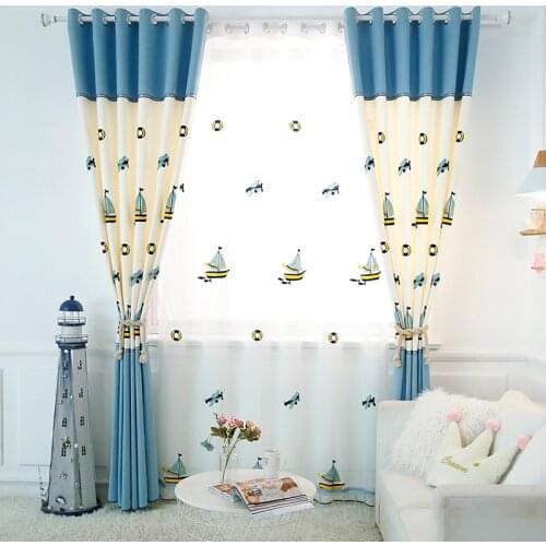 Sail Boat Embroidered Curtains for Kids Boy Living Room Nautical Vessel Stitching Designs Retro Voile Room Darkening Drapes