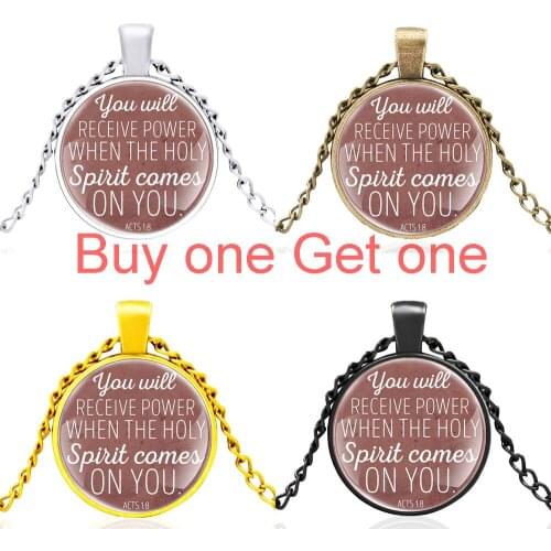 Bible Verse You Will Receive Power When the Holy Spirit Comes on You Glass Dome Pendant Necklace Men Women Jewelry Gifts