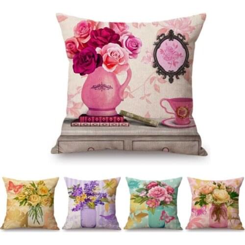 Flower Butterfly With Jar Vase Oil Painting Vintage Luxury Decorative Sofa Throw Pillow Case Cotton Linen Chair Cushion Cover