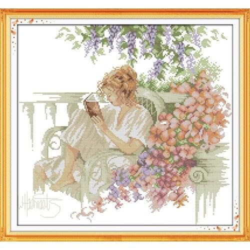 Woman reads a book cross stitch kit people 18ct 14ct 11ct count print canvas stitches embroidery DIY handmade needlework