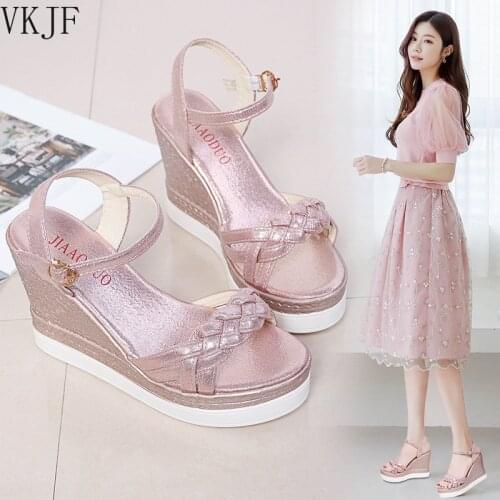 2021Female Fashion Open Toe Sandals Dress Silver Sandals Women Wedges Platform Party Shoes Woman