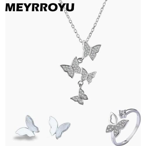 MEYRROYU 925 Silver New Simple Butterfly Crystal Necklace Ring Earrings Jewelry Set Lady Engagement Wedding Party Jewelry