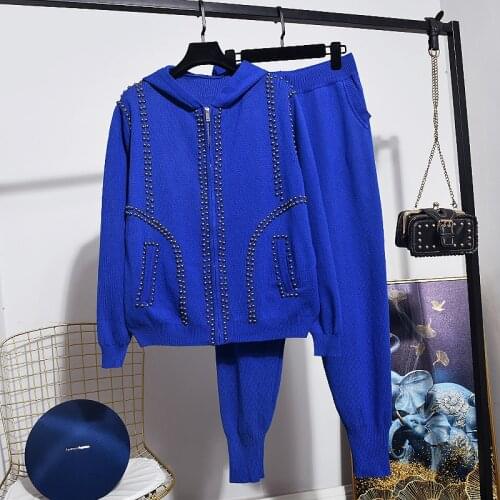 2020 Autumn New Tracksuit Women Hooded Fashion Set Beading Knitted Cardigan Coat + Casual Pants Two Piece Set Women Outfits H688