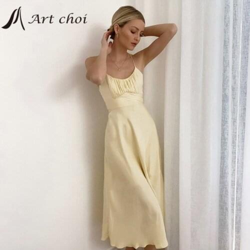 2021 Satin Sexy Slip Evening Spaghetti Strap Dresses Women Summer Ruched Lace Up Cross Bandage Bodycon Backless Party Vestido