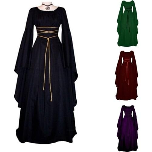 Women Halloween Dress Palace Style Solid Color Round Neck Vintage Victoria Costume Cosplay Party Prom Colthing Long Skirt