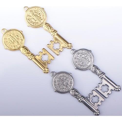 100% Stainless Steel St Benedict Medal Key Pendant Gold/Silver Color Metal San Saint Benedict Key Cross Medal Wholesale 10pcs