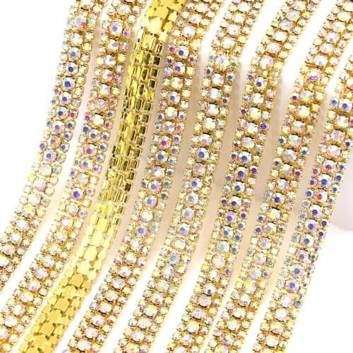 1Yard 3Rows Rhinestones Cup Chain Crystal AB Gold/Sliver Base Rhinestone Trim For Dress Clothes Strass Chain Rhinestone Ribbon