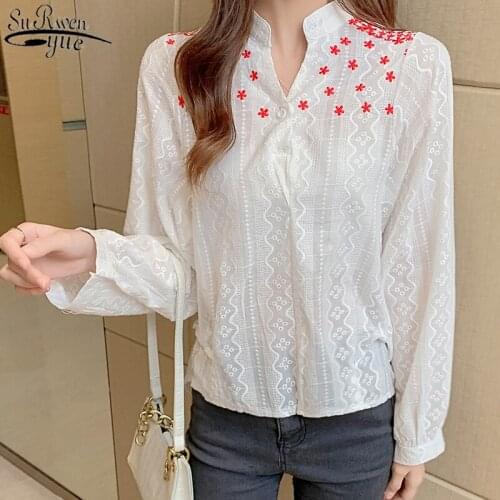 2021 Autumn New Korean Style Elegant V-neck Long Sleeve Embroidered Womens Shirt Casual White Slim Lace Blouses Women 11301