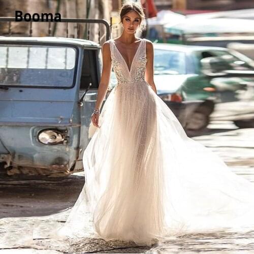 Booma Bohemian Wedding Dresses 2020 Sleeveless Beach Boho Appliques Lace Bridal Gown Plus Size Vintage Marriage Gown Backless
