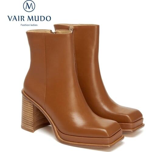 VAIR MUDO Ankle Boots Shoes High Heels Brown Black Fashion Boot Genuine Leather Solid Concise Adult Square Toe Shoes WM-X73