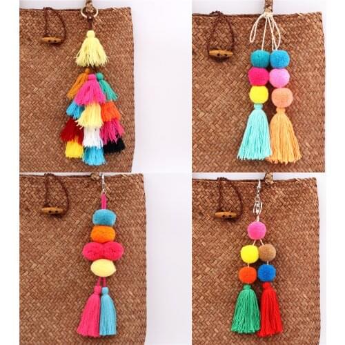 1pc Boho Jewelry Pompom Keychains With Tassel Bag Accessories Bag Hanging For Women Gift